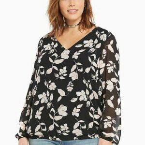 Torrid Black Floral Sheer Sleeve Boho Chic V-Neck Blouse Flowy Romantic Top L